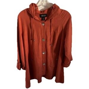 Jones Co Jacket Hoodie L Orange LINEN Blend Coatigan Big Button Minimalist